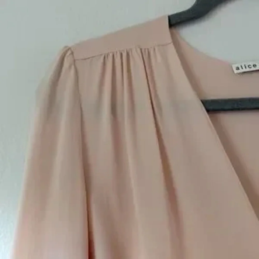 Alice + Olivia Arlene Silk Wrap Georgette Blouse Shirt in Petal Ballerina Pink - Picture 3 of 10